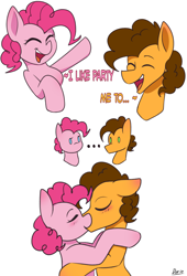 Size: 2864x4208 | Tagged: safe, artist:zeroonesunray, derpibooru import, cheese sandwich, pinkie pie, earth pony, g4, ..., and that's how li'l cheese was made, cheesepie, female, happy, kiss on the lips, kissing, male, meme, shipping, simple background, straight, talking, white background