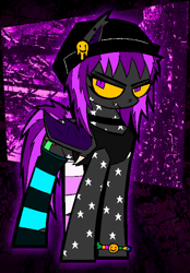 Size: 1004x1440 | Tagged: safe, artist:xxv4mp_g4z3rxx, derpibooru import, oc, oc:spaced out, bat pony, pony, beanie, choker, clothes, colored sclera, eyeshadow, fangs, hat, kandi bracelet, looking at you, makeup, piercing, purple eyes, smiley face, smug, socks, solo, striped socks, tanktop, yellow sclera