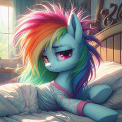 Size: 1024x1024 | Tagged: safe, ai content, derpibooru import, generator:dall-e 3, machine learning generated, rainbow dash, pegasus, pony, g4, bags under eyes, bed, bed hair, bed mane, bedroom, bedsheets, clothes, cute, dashabetes, female, lidded eyes, looking sideways, lying down, lying on bed, mare, messy mane, morning ponies, on bed, pajamas, pillow, prompter:tyto4tme4l, solo, sunlight, underhoof, waking up, window