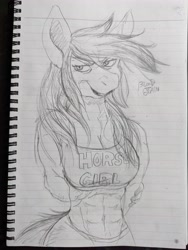 Size: 3072x4080 | Tagged: safe, artist:rubyrelax, derpibooru import, oc, oc:blood stain, anthro, abs, arm behind back, belly button, breasts, clothes, female, furrowed brow, lined paper, muscles, muscular female, shorts, sketch, smiling, tanktop, traditional art