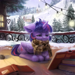Size: 8000x8000 | Tagged: safe, artist:flvski, derpibooru import, twilight sparkle, twilight sparkle (alicorn), alicorn, pony, g4, absurd resolution, book, clothes, female, folded wings, horn, lying down, mare, outdoors, ponyloaf, prone, reading, scarf, signature, snow, solo, wings, winter