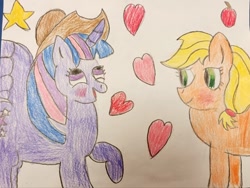 Size: 640x480 | Tagged: safe, artist:leakypipes, derpibooru import, applejack, twilight sparkle, g4, apple, applejack's hat, clothes, cowboy hat, crayon drawing, female, food, hat, heart, lesbian, shipping, traditional art, twijack