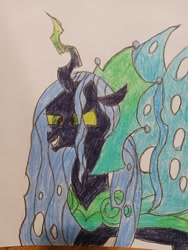 Size: 640x853 | Tagged: safe, artist:leakypipes, derpibooru import, queen chrysalis, changeling, changeling queen, g4, crayon drawing, green eyes, traditional art