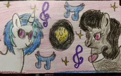 Size: 640x402 | Tagged: safe, artist:leakypipes, derpibooru import, dj pon-3, octavia melody, twilight sparkle, vinyl scratch, g4, butt, crayon drawing, duo, duo female, female, music, music notes, traditional art, twibutt