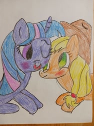 Size: 640x853 | Tagged: safe, artist:leakypipes, derpibooru import, applejack, twilight sparkle, g4, blushing, crayon drawing, female, lesbian, one eye closed, shipping, traditional art, twijack