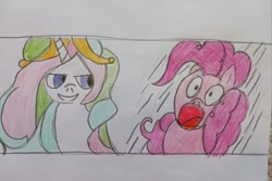 Size: 640x427 | Tagged: safe, artist:leakypipes, derpibooru import, pinkie pie, princess celestia, g4, my little pony: the manga, crayon drawing, duo, open mouth, redraw, scene interpretation, traditional art