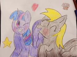 Size: 640x477 | Tagged: safe, artist:leakypipes, derpibooru import, derpy hooves, twilight sparkle, twilight sparkle (alicorn), alicorn, g4, blushing, crayon drawing, food, heart, muffin, one eye closed, spread wings, stars, traditional art, wings, wink