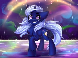 Size: 1600x1200 | Tagged: safe, artist:falafeljake, derpibooru import, oc, oc only, pony, unicorn, chest fluff, commission, eye clipping through hair, eyebrows, eyebrows visible through hair, female, galaxy, grin, horn, mare, raised hoof, raised leg, signature, smiling, solo, sparkles, unicorn oc