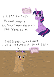 Size: 2000x2816 | Tagged: safe, artist:amateur-draw, derpibooru import, twilight sparkle, twilight sparkle (alicorn), alicorn, g4, book, covered in mud, female, magic, mare, mud, mud bath, muddy, simple background, solo, wet and messy, white background