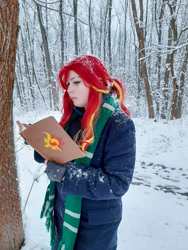 Size: 3000x4000 | Tagged: safe, artist:yuris, derpibooru import, sunset shimmer, human, equestria girls, clothes, cosplay, costume, forest, harry potter (series), irl, irl human, nature, photo, slytherin, snow, solo, tree, ukraine, winter