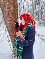 Size: 3000x4000 | Tagged: safe, artist:yuris, derpibooru import, sunset shimmer, human, equestria girls, clothes, cosplay, costume, forest, harry potter (series), irl, irl human, nature, photo, slytherin, snow, solo, tree, ukraine, winter