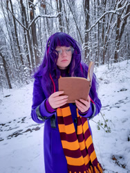 Size: 3000x4000 | Tagged: safe, artist:yuris, derpibooru import, sci-twi, twilight sparkle, human, equestria girls, clothes, cosplay, costume, forest, gryffindor, harry potter (series), irl, irl human, nature, photo, scarf, snow, solo, striped scarf, tree, ukraine, winter