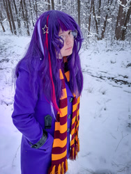 Size: 3000x4000 | Tagged: safe, artist:yuris, derpibooru import, sci-twi, twilight sparkle, human, equestria girls, clothes, cosplay, costume, forest, gryffindor, harry potter (series), irl, irl human, nature, photo, scarf, snow, solo, striped scarf, tree, ukraine, winter