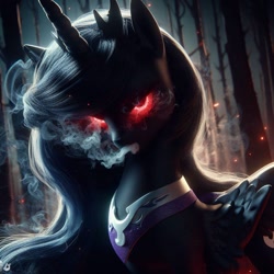 Size: 1024x1024 | Tagged: safe, ai content, derpibooru import, generator:dall-e 3, machine learning generated, pony, undead, vampire, vampony, g4, angry, ears up, folded wings, forest, jewelry, light, looking at you, nature, night, prompter:rektpay, red eyes, regalia, smoke, tree, wings