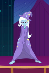 Size: 1280x1920 | Tagged: safe, artist:momoiro-kun, derpibooru import, part of a set, trixie, equestria girls, g4, barefoot, cape, clothes, feet, hat, teasing, trixie's cape, trixie's hat