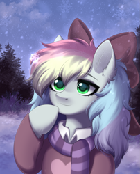 Size: 1863x2304 | Tagged: safe, artist:alunedoodle, derpibooru import, oc, oc only, oc:blazey sketch, pegasus, pony, bow, bust, clothes, commission, female, forest, hair bow, nature, portrait, scarf, snow, snowflake, solo, striped scarf, tree, ych result