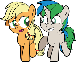 Size: 1920x1568 | Tagged: safe, artist:alexdti, derpibooru import, applejack, oc, oc:star logic, pony, colt, female, filly, filly applejack, foal, male, simple background, transparent background, younger