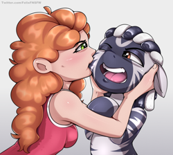 Size: 2480x2224 | Tagged: safe, artist:felixf, derpibooru import, oc, oc only, oc:kizya, oc:loona, human, zebra, biting, humanized, oc x oc, shipping, zebra oc