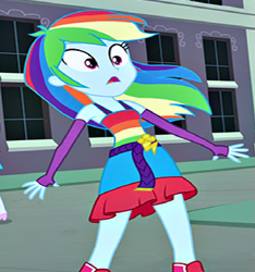 Size: 723x773 | Tagged: safe, derpibooru import, screencap, rainbow dash, equestria girls, equestria girls (movie), g4, bare shoulders, boots, clothes, cropped, dress, evening gloves, fall formal outfits, fingerless elbow gloves, fingerless gloves, gloves, high heel boots, long gloves, rainbow dash always dresses in style, rainbow dress, shoes, sleeveless, surprised