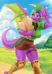 Size: 1000x1417 | Tagged: safe, artist:margony, derpibooru import, barb, spike, anthro, dragon, g4, breasts, clothes, dragoness, female, greaves, open mouth, open smile, rule 63, shirt, shorts, smiling, solo, spikahunas