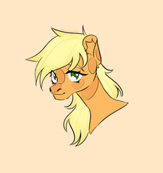Size: 1880x1999 | Tagged: safe, artist:delicious, derpibooru import, applejack, earth pony, pony, g4, bust, female, hatless, looking at you, mare, missing accessory, orange background, simple background, solo