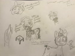 Size: 3708x2781 | Tagged: safe, artist:atomgatherer, derpibooru import, oc, oc:atomtehtraveller, clothes, concerned, cutie mark on clothes, drawing, hat, hypno eyes, quadrupedal, random, talking hat, traditional art