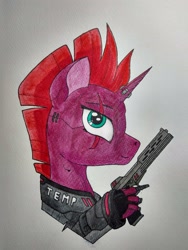 Size: 3000x4000 | Tagged: safe, artist:zocidem, derpibooru import, tempest shadow, pony, unicorn, g4, artificial hands, augmented, bust, cyberpunk, fingers, gun, portrait, simple background, solo, traditional art, weapon, white background