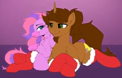 Size: 3252x2086 | Tagged: safe, artist:breloomsgarden, derpibooru import, oc, oc:coppercore, oc:lilac, hippogriff, pony, unicorn, christmas, clothes, couple, duo, female, holiday, horn, loving gaze, male, oc x oc, shipping, stallion, stockings, straight, thigh highs, wings