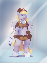 Size: 1128x1500 | Tagged: safe, artist:drafthoof, derpibooru import, derpy hooves, pegasus, semi-anthro, g4, arm hooves, belly, belly button, bipedal, eyes closed, figurine, mailmare, midriff, postman's hat, smiling