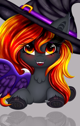 Size: 4064x6393 | Tagged: safe, artist:schwinarts, derpibooru import, oc, oc:spirit harvest, bat pony, hybrid, pegasus, pony, chest fluff, commission, cute, ear fluff, ears, fangs, female, halloween, hat, holiday, hooves, hybrid wings, mare, open mouth, smiling, solo, spread wings, wings, witch hat, ych result, your character here