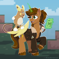 Size: 2000x2000 | Tagged: safe, artist:willoillo, derpibooru import, oc, unicorn, alolan form, alolan raichu, bomber jacket, clothes, commission, deep rock galactic, jacket, leather, leather jacket, minecraft, pokémon, raichu, steeve