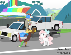 Size: 12000x9292 | Tagged: safe, artist:creedyboy124, derpibooru import, discord, oc, oc:sweetheart, draconequus, pony, unicorn, bow, clipboard, female, hair bow, hat, male, rainbow falls (location), road, tow truck, truck