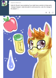 Size: 500x693 | Tagged: safe, artist:frostedminispooner, derpibooru import, oc, oc:nursery rhyme, pony, apple, ask nursery rhyme, food, glasses, male, salt, solo, stallion