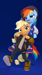 Size: 2160x3840 | Tagged: safe, artist:owlpirate, derpibooru import, applejack, rainbow dash, earth pony, pegasus, semi-anthro, g4, 3d, 4k, accessory swap, applejack's hat, arm hooves, clothes, cowboy hat, duo, female, gradient background, hat, high res, jacket, mare, open mouth, open smile, piggyback ride, shoes, smiling, sneakers, source filmmaker
