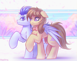 Size: 2500x2000 | Tagged: safe, artist:adagiostring, derpibooru import, octavia melody, oc, earth pony, pegasus, g4, canon, canon x oc, couple, cute, cute smile, duo, female, looking at each other, looking at someone, male, male to female, mare, pegasus oc, rule 63, simple background, stallion, together, transformation, transgender transformation, walking, wings