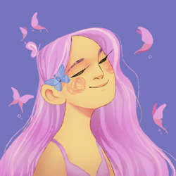 Size: 2000x2000 | Tagged: safe, artist:leynoo, derpibooru import, fluttershy, butterfly, human, g4, blue background, blush scribble, blushing, bust, eyes closed, female, high res, humanized, pony coloring, simple background, smiling, solo