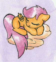 Size: 2328x2586 | Tagged: safe, artist:chevaleto, derpibooru exclusive, derpibooru import, scootaloo, pegasus, pony, g4, cloud, eyes closed, female, filly, foal, folded wings, high res, sleeping, solo, traditional art, watercolor painting, wings