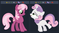 Size: 607x343 | Tagged: safe, artist:cloudy glow, derpibooru import, cheerilee, sweetie belle, earth pony, pony, unicorn, derpibooru, female, filly, foal, juxtaposition, looking at each other, looking at someone, meta