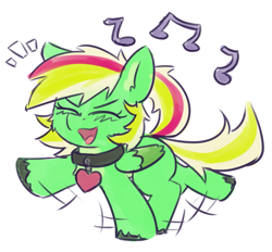 Size: 1371x1271 | Tagged: safe, artist:rivibaes, derpibooru import, oc, oc only, oc:gumdrops, collar, dancing, female, filly, foal, simple background, solo, white background