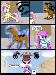Size: 6000x8000 | Tagged: safe, artist:chedx, derpibooru import, fluttershy, pegasus, comic:learning with pibby glitch battles, g4, boxy boo, comic, commission, community related, corrupted, crossover, error, fanfic, fanfic art, glitch, multiverse, pibby, scooby doo, scooby doo (character)