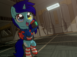 Size: 640x480 | Tagged: safe, artist:rangelost, derpibooru import, oc, oc only, oc:windows, pony, unicorn, backpack, clothes, heterochromia, socks, solo, striped socks