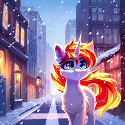 Size: 3072x3072 | Tagged: safe, ai content, derpibooru import, generator:purplesmart.ai, generator:stable diffusion, machine learning generated, oc, oc only, oc:feisty fire, pony, unicorn, city, cold, cute, female, horn, mane of fire, mare, prompter:aeroliger, snow, snowfall, solo