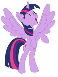 Size: 1928x2546 | Tagged: safe, artist:gmaplay, derpibooru import, twilight sparkle, twilight sparkle (alicorn), alicorn, pony, unicorn, g4, the one where pinkie pie knows, bipedal, cute, eyes closed, female, happy, simple background, solo, spread wings, transparent background, twiabetes, wings