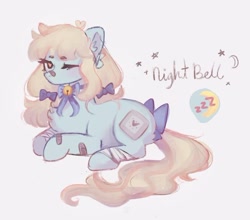 Size: 702x617 | Tagged: safe, artist:luvburnish, derpibooru import, oc, oc:nightbell, bandaid, bow, moon, name, neck bow, one eye closed, onomatopoeia, sitting, sound effects, wink, zzz