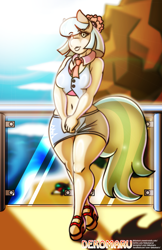 Size: 792x1224 | Tagged: safe, artist:dekomaru, derpibooru import, coco pommel, anthro, earth pony, unguligrade anthro, series:loco for coco remastered edition, g4, beach, belly button, breasts, coco puffs, female, high heels, looking at you, midriff, platform heels, platform shoes, remastered, shoes, smiling, smiling at you, solo, wide hips