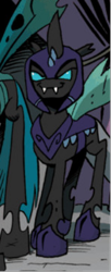 Size: 193x473 | Tagged: artist needed, safe, derpibooru import, idw, queen chrysalis, changeling, g4, the return of queen chrysalis, spoiler:comic, spoiler:comic03, advertisement, armor, changeling armor, changeling officer, fangs, heavily armored changeling, idw advertisement, official comic, smiling, unnamed changeling, unnamed character