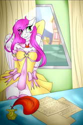 Size: 682x1024 | Tagged: safe, artist:lyhyo, derpibooru import, oc, oc only, oc:ellie berryheart, anthro, pegasus, bow, breasts, clothes, equestria, feather, female, green eyes, happy, ink, lady, letter, palindrome get, poetry, room, smiling, solo, window, wings, yellow dress