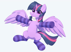 Size: 3800x2800 | Tagged: safe, artist:mercurysparkle, derpibooru import, twilight sparkle, twilight sparkle (alicorn), alicorn, pony, g4, cheek fluff, clothes, cute, female, fluffy, hug, hug request, leg fluff, looking at you, mare, paper, simple background, sitting, smiling, socks, solo, spread wings, striped socks, twiabetes, white background, wings