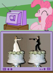 Size: 563x770 | Tagged: safe, derpibooru import, pinkie pie, earth pony, pony, cake, exploitable, exploitable meme, female, food, gun, handgun, laughing, male, mare, marriage, meme, obligatory pony, photo, pistol, shotgun, solo, tv meme, weapon, wedding, wedding cake