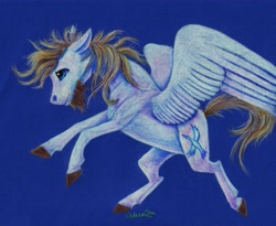 Size: 5443x4462 | Tagged: safe, artist:cahandariella, derpibooru import, oc, pegasus, beard, blue background, blue eyes, colored pencil drawing, facial hair, large wings, male, raffle prize, simple background, solo, stallion, traditional art, white coat, wings